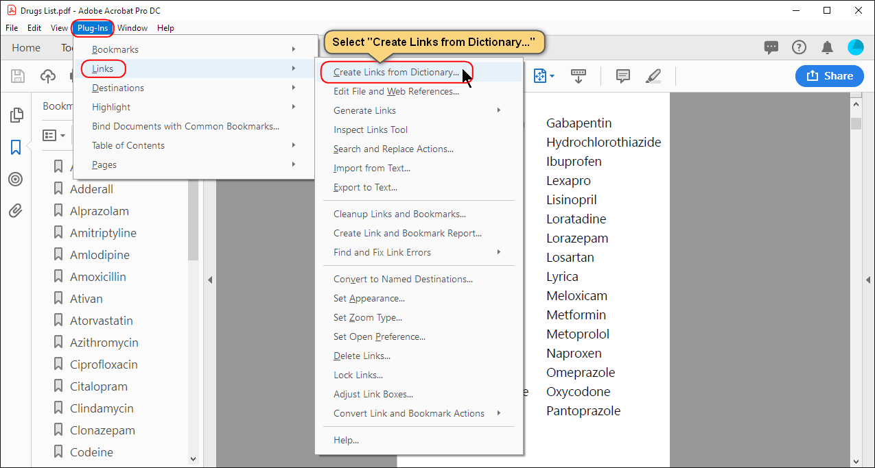 Open the Create Links From Dictionary dialog